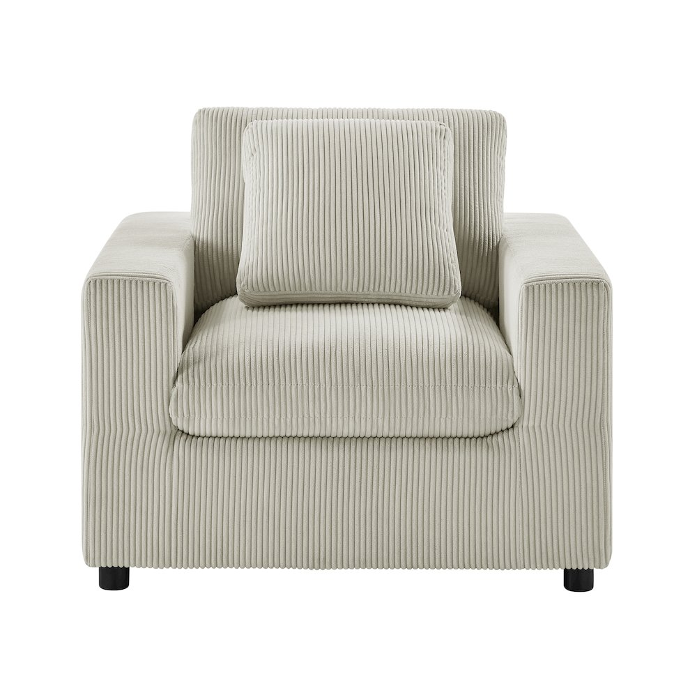Casella Modern Armchair in beige corduroy with sleek wooden legs, stylish furniture piece for contemporary living spaces.