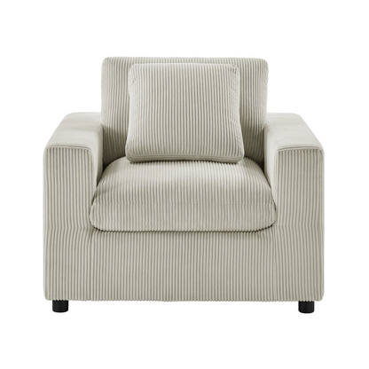 Casella Modern Armchair in beige corduroy with sleek wooden legs, stylish furniture piece for contemporary living spaces.