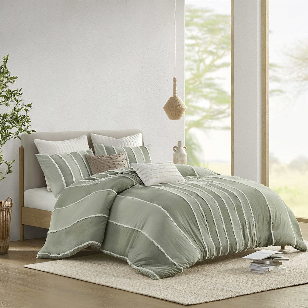 Start2Finish Shay 3-piece striped cotton duvet cover set in sage, showing the cozy, soft bedding with matching pillow shams.