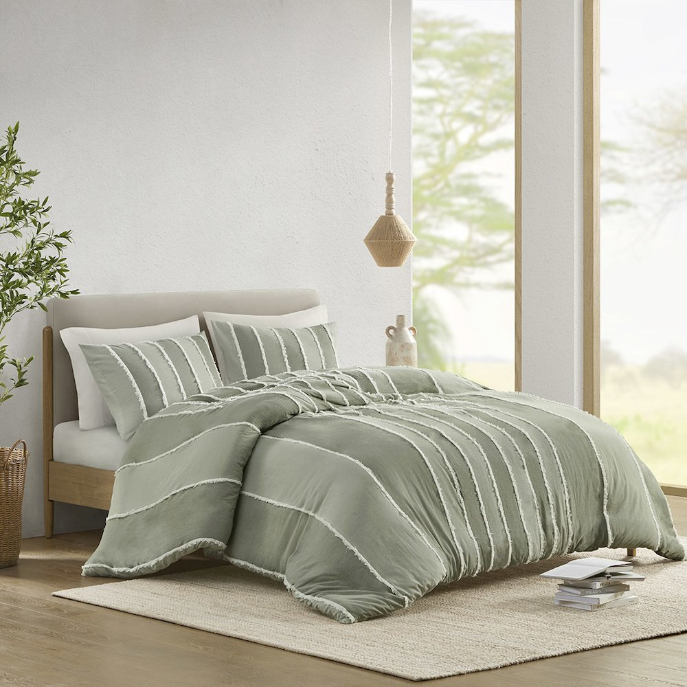 Start2Finish Shay 3-piece striped cotton duvet cover set in sage with matching pillow shams, soft and breathable bedding.