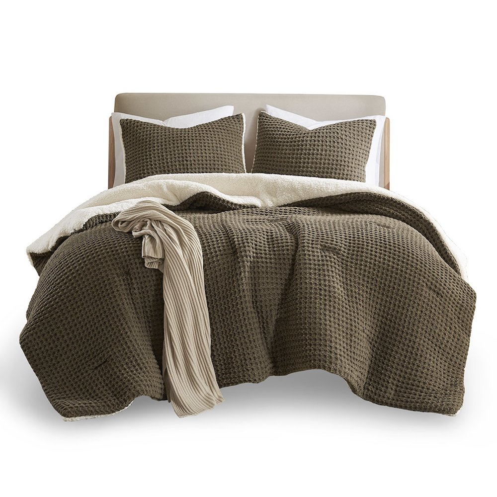 Brown Riordan Waffle Knit Chenille Comforter Set by Start2Finish shown on bed with plush texture and cozy appearance.