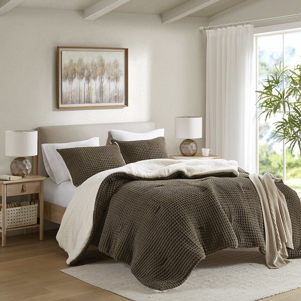 Start2Finish Riordan waffle knit chenille comforter set in brown, showing plush textured fabric and cozy bedding design.