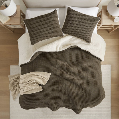 Start2Finish Riordan waffle knit chenille comforter set in brown, showing the cozy, textured bedding with matching pillow shams.