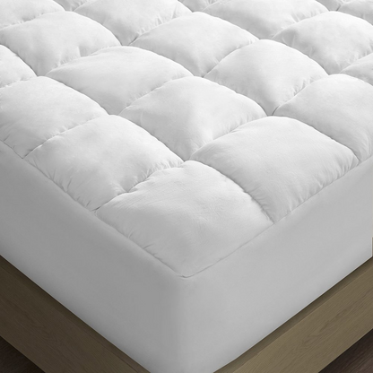 Start2Finish Dream Puff overfilled down alternative mattress pad in white, plush and soft bedding layer for added comfort.