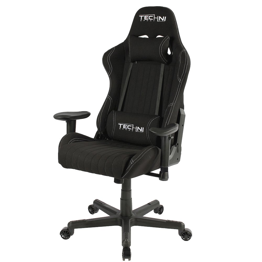 Black fabric ergonomic high back racer style PC gaming chair with armrests and adjustable features, designed for comfort and support.