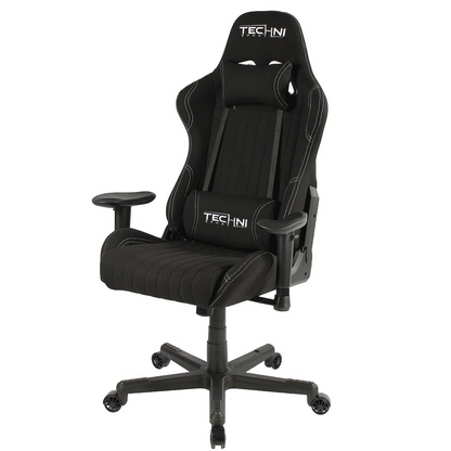 Black fabric ergonomic high back racer style PC gaming chair with armrests and adjustable features, designed for comfort and support.