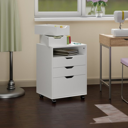 Start2Finish Halifax Bins &amp; Drawers Storage Mobile Cabinet in white with multiple compartments and wheels for easy mobility.