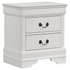 Louis Philippe white 2-drawer nightstand with sleek design, featuring modern bedside table with silver handles and smooth finish.