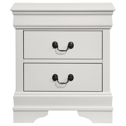 Louis Philippe 2-drawer white nightstand from Start2Finish, featuring a sleek bedside table with two spacious drawers.