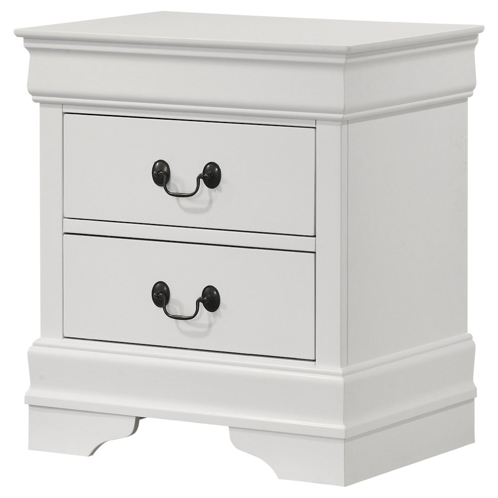 Louis Philippe white 2-drawer nightstand bedside table with sleek design and modern finish, ideal for bedroom storage.