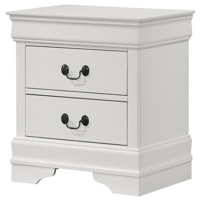 Louis Philippe white 2-drawer nightstand bedside table with sleek design and modern finish, ideal for bedroom storage.