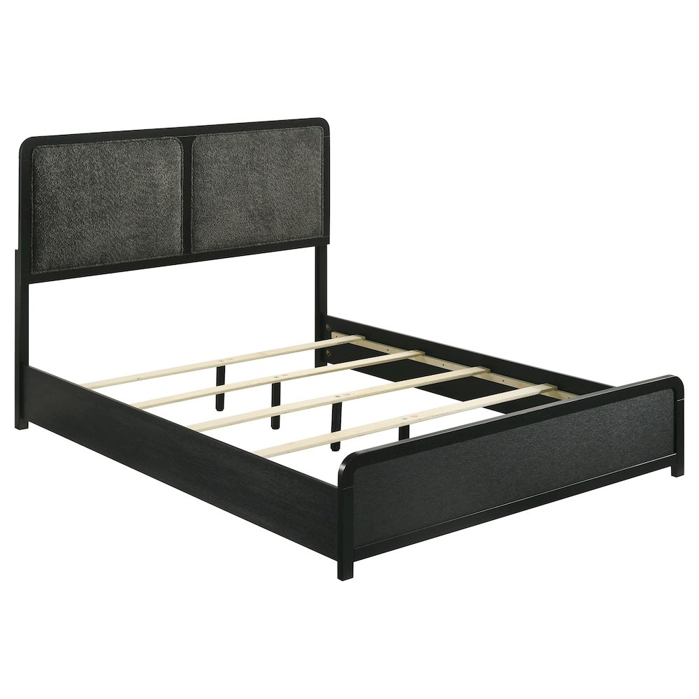 Start2Finish Cavelle 51-inch upholstered queen bed in black with padded headboard and sleek fabric finish.