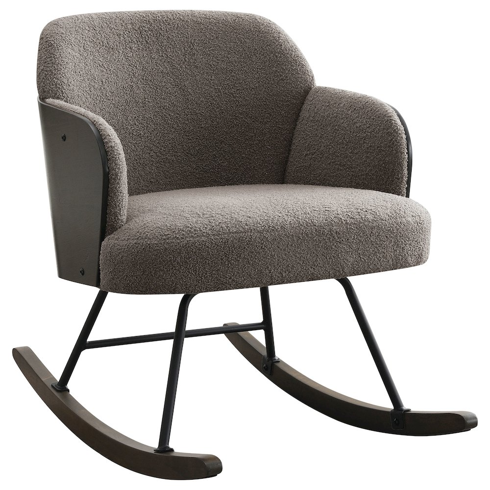 Taupe upholstered Paige Boucle mid-back rocking chair with wooden base and plush cushioning from Start2Finish.