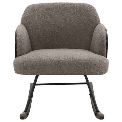 Taupe Paige Boucle Upholstered Mid Back Rocking Chair by Start2Finish with padded seat and curved wooden base.