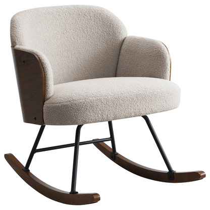 Start2Finish Paige boucle upholstered mid-back rocking chair in beige with plush fabric and wooden rocking base.
