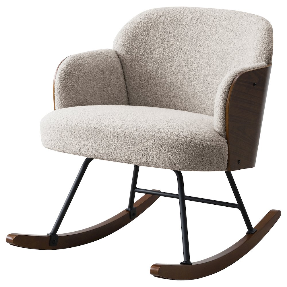 Start2Finish Paige Boucle Upholstered Mid Back Rocking Chair in beige with plush fabric and wooden rocking base.