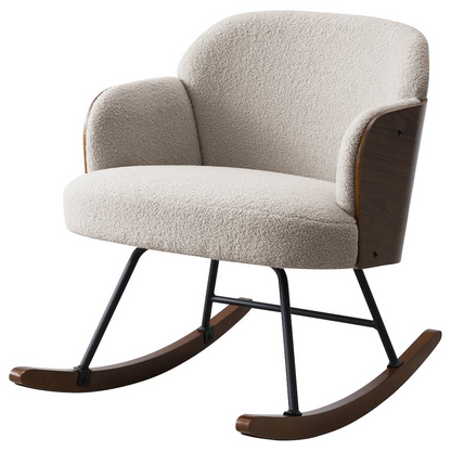 Start2Finish Paige Boucle Upholstered Mid Back Rocking Chair in beige with plush fabric and wooden rocking base.