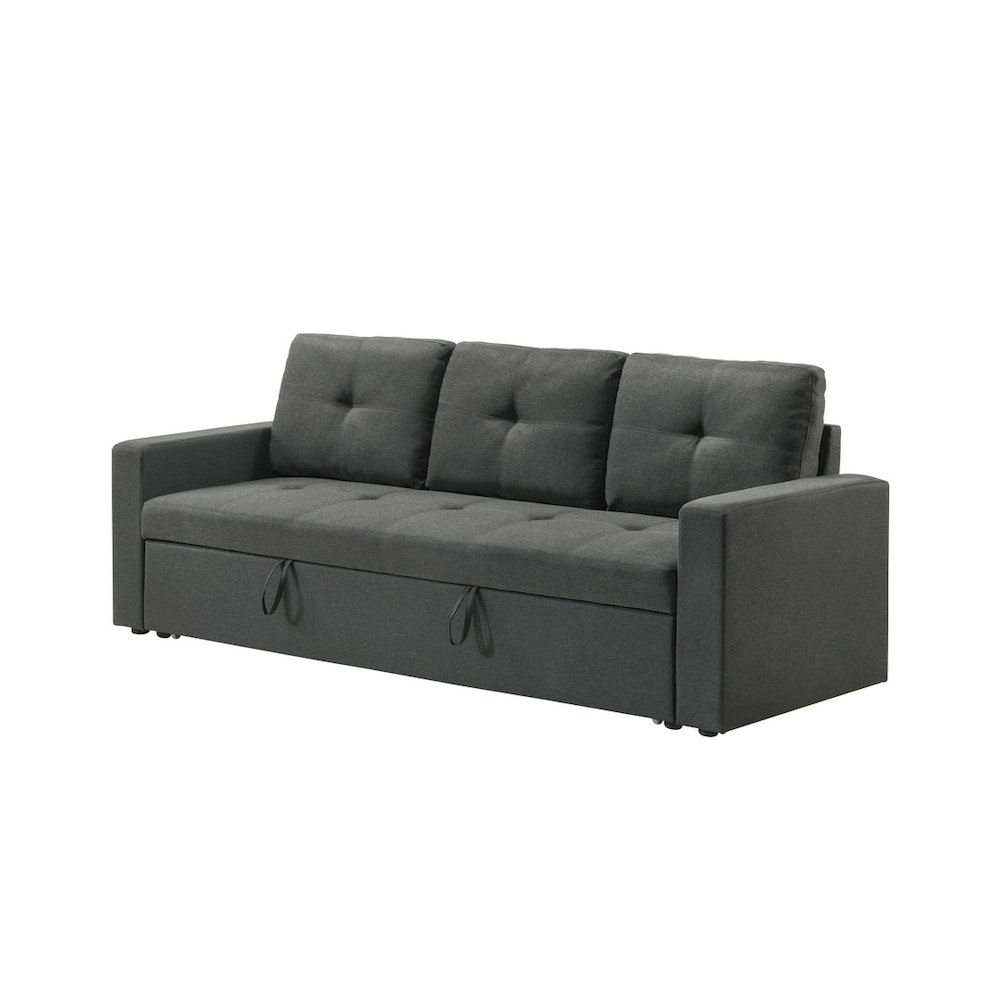 Dark gray fabric sleeper sofa with tufted cushions, 83.5 inches wide, from Start2Finish, featuring a comfortable, modern design.