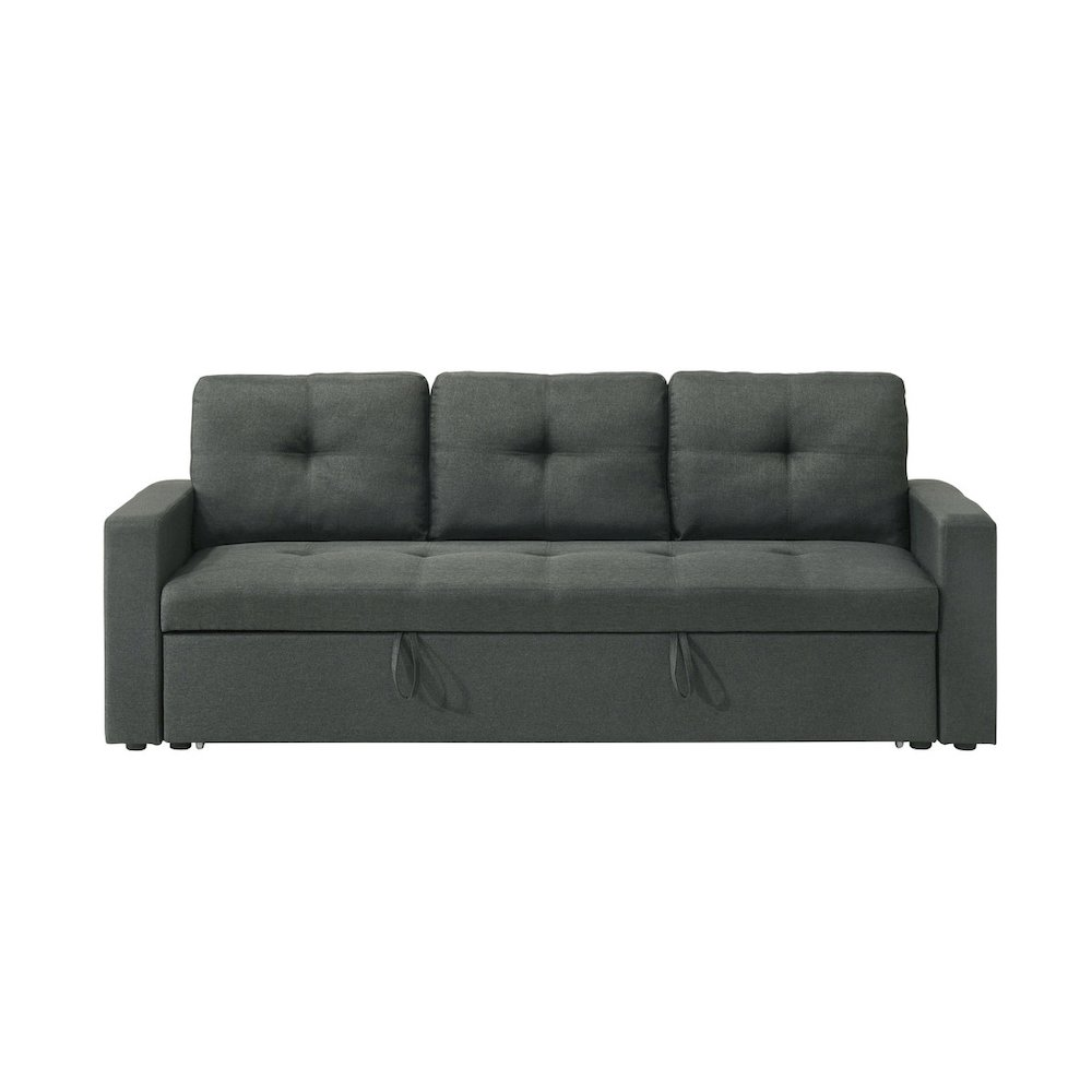 Dark gray fabric sleeper sofa with tufted cushions, 83.5 inches wide, by Start2Finish, featuring a modern design and plush seating.