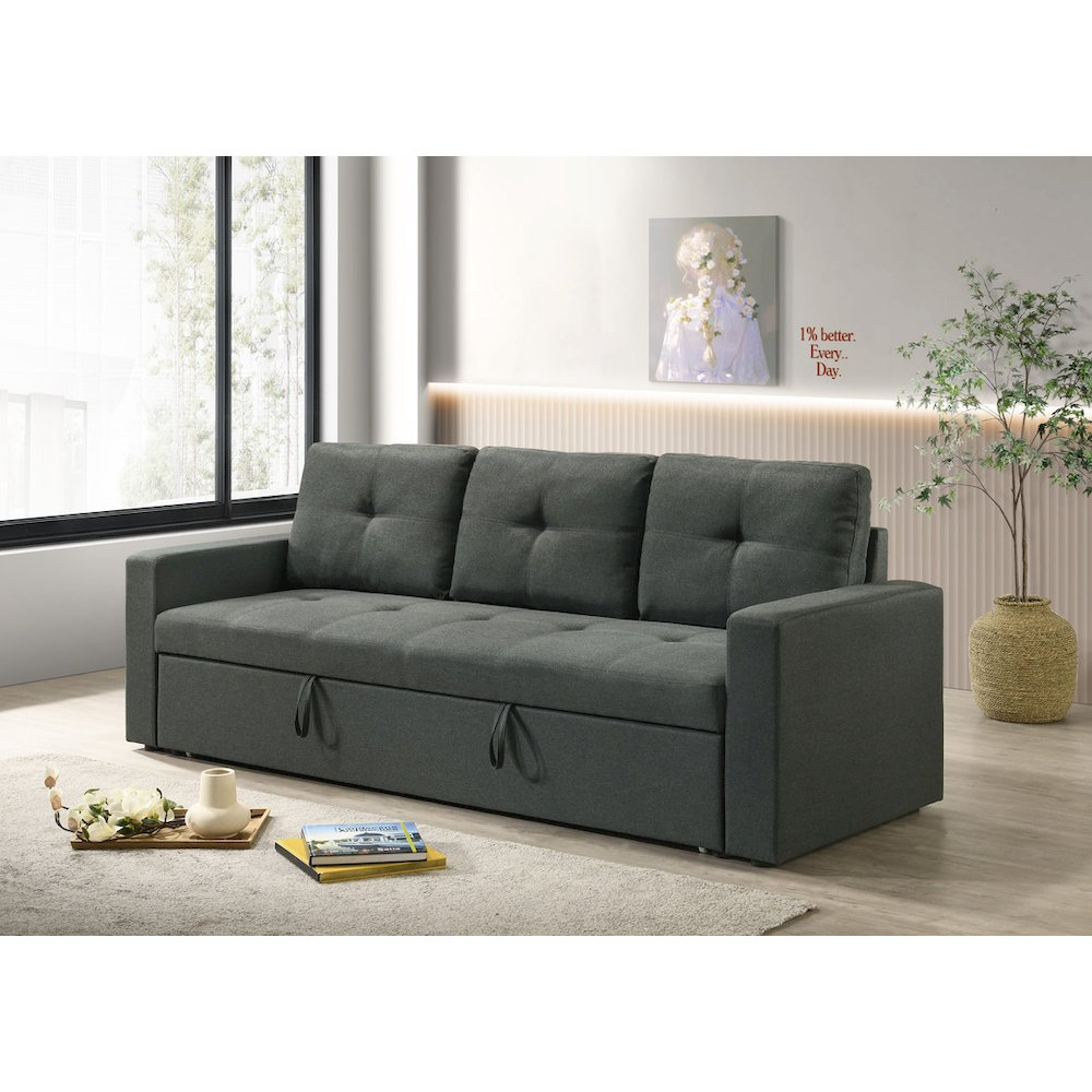 Dark gray fabric sleeper sofa with tufted cushions, 83.5 inches wide, by Start2Finish, shown in a spacious living room setting.