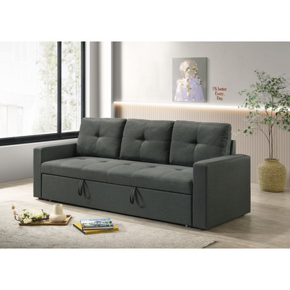 Dark gray fabric sleeper sofa with tufted cushions, 83.5 inches wide, by Start2Finish, shown in a spacious living room setting.