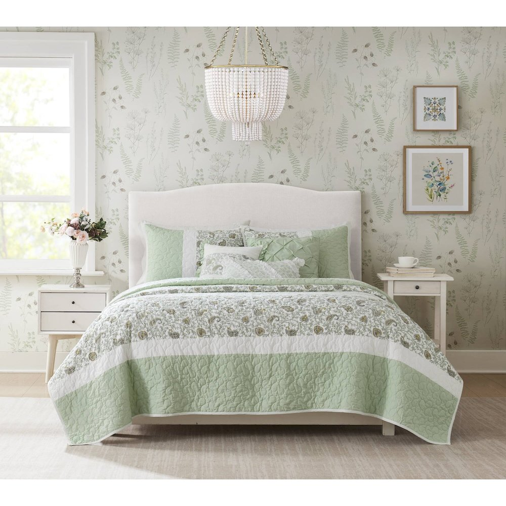 Start2Finish 6-piece cotton percale quilt bedding set with matching throw pillows, showcasing crisp, white bedding with subtle stitching.