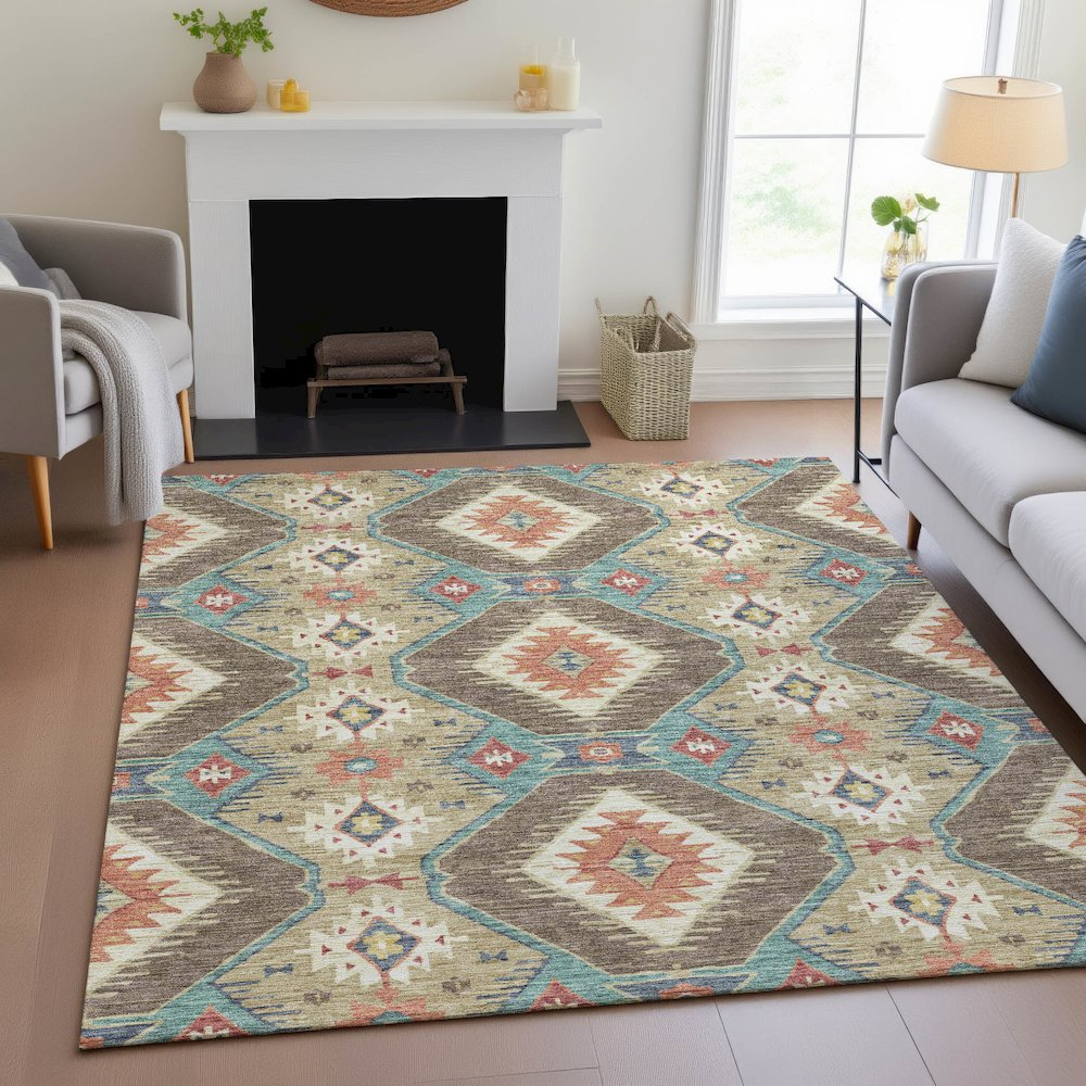 Start2Finish khaki indoor/outdoor Chantille ACN2210 8x10 rug with machine washable fabric, shown on a floor with a textured pattern.