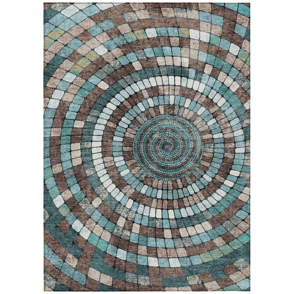 Start2Finish teal indoor/outdoor chantille rug, 8x10 feet, machine washable with intricate pattern shown in the image.