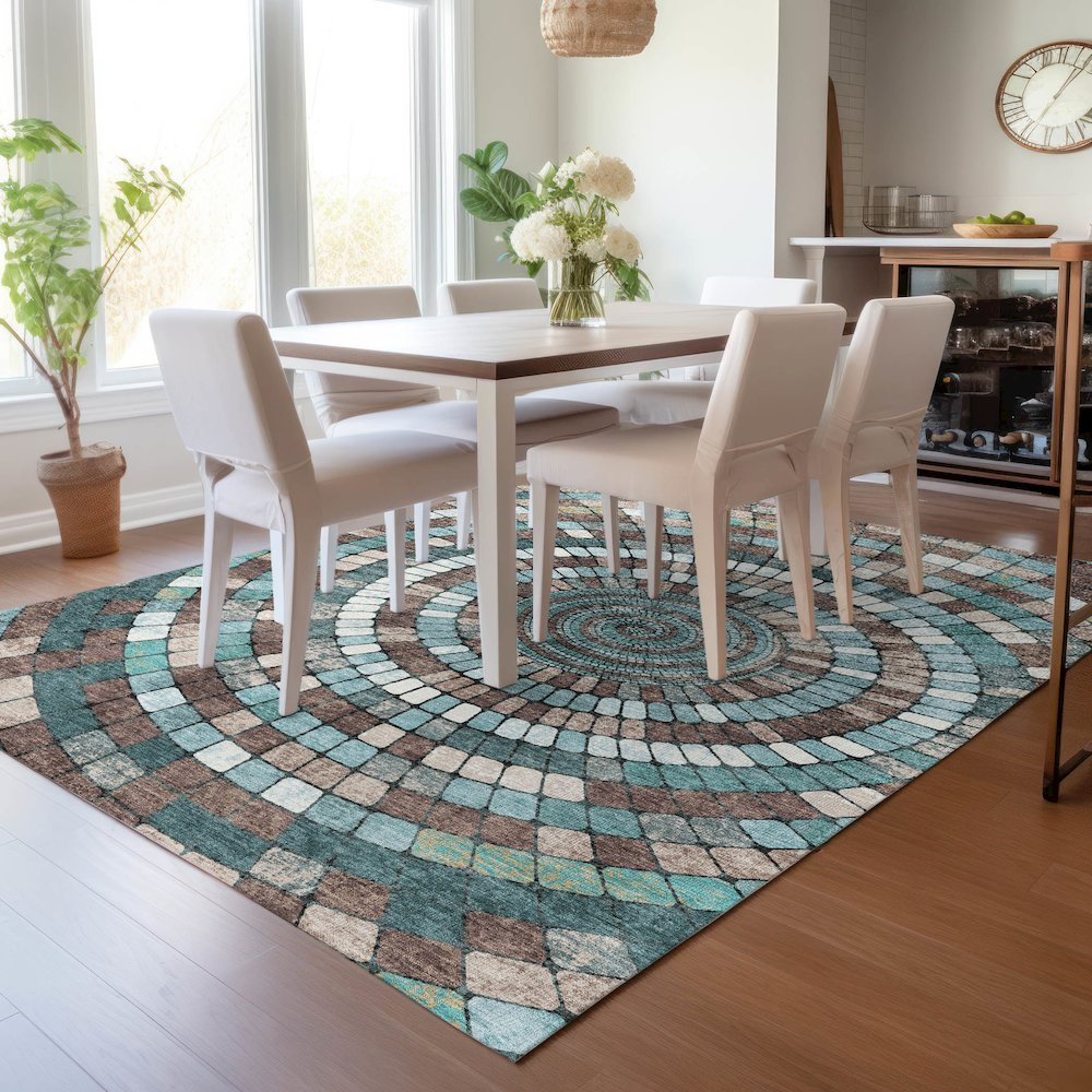 Start2Finish teal indoor/outdoor Chantille ACN2216 8x10 rug, machine washable with intricate pattern and plush texture.