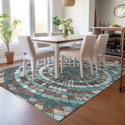 Start2Finish teal indoor/outdoor Chantille ACN2216 8x10 rug, machine washable with intricate pattern and plush texture.