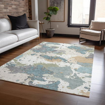 Start2Finish seafoam 10x14 indoor/outdoor machine washable chantille rug with intricate pattern and soft texture.