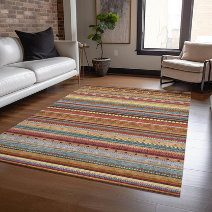 Start2Finish Machine Washable Indoor/Outdoor Chantille ACN2218 Paprika 5x7.6 rug with vibrant orange and intricate pattern.