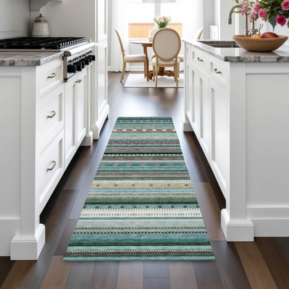 Start2Finish teal indoor/outdoor Chantille runner rug with machine washable design, measuring 2&
