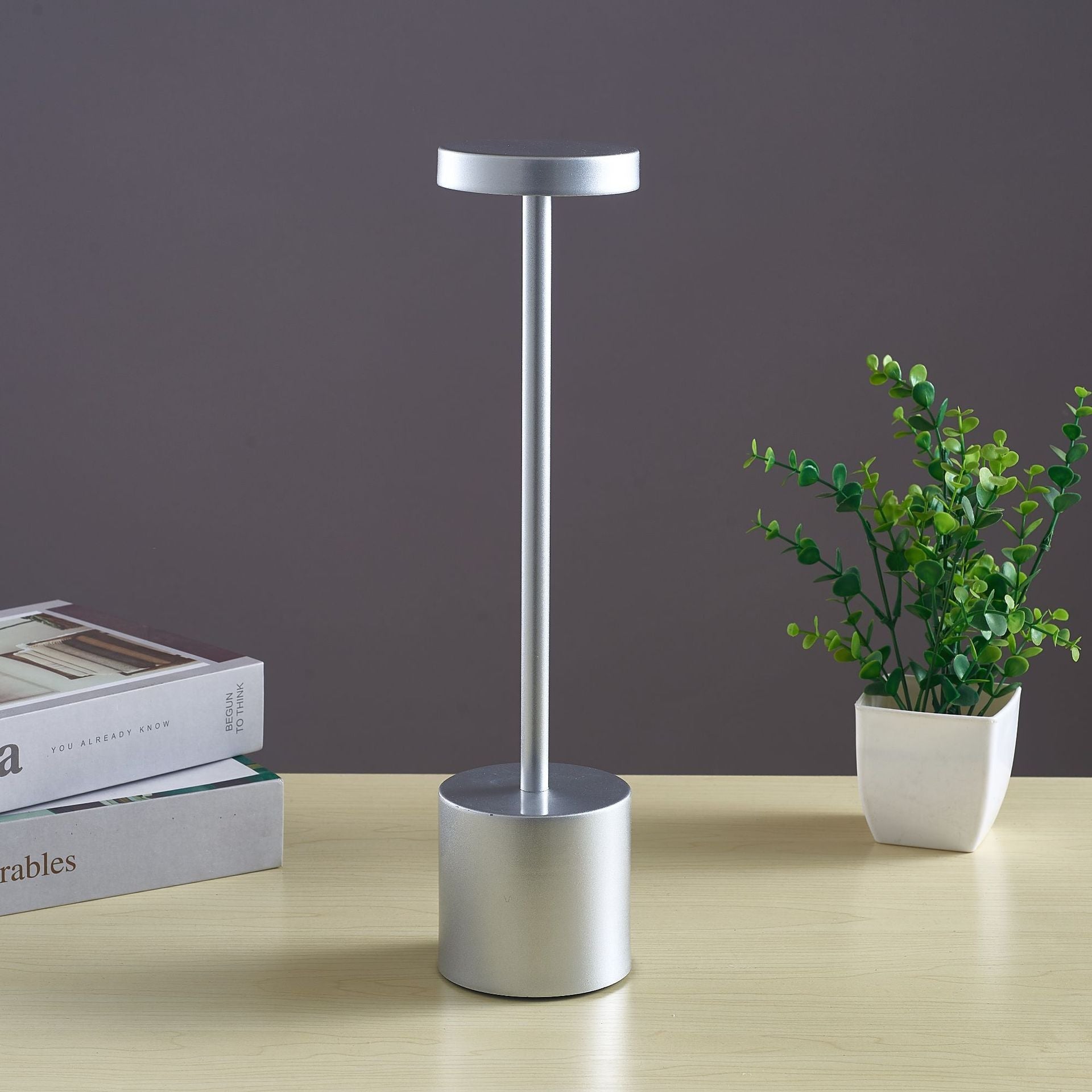 Maroon Asteria Nordic I-shaped bedroom LED touch bar lamp on a bedside table, modern lighting with touch control.