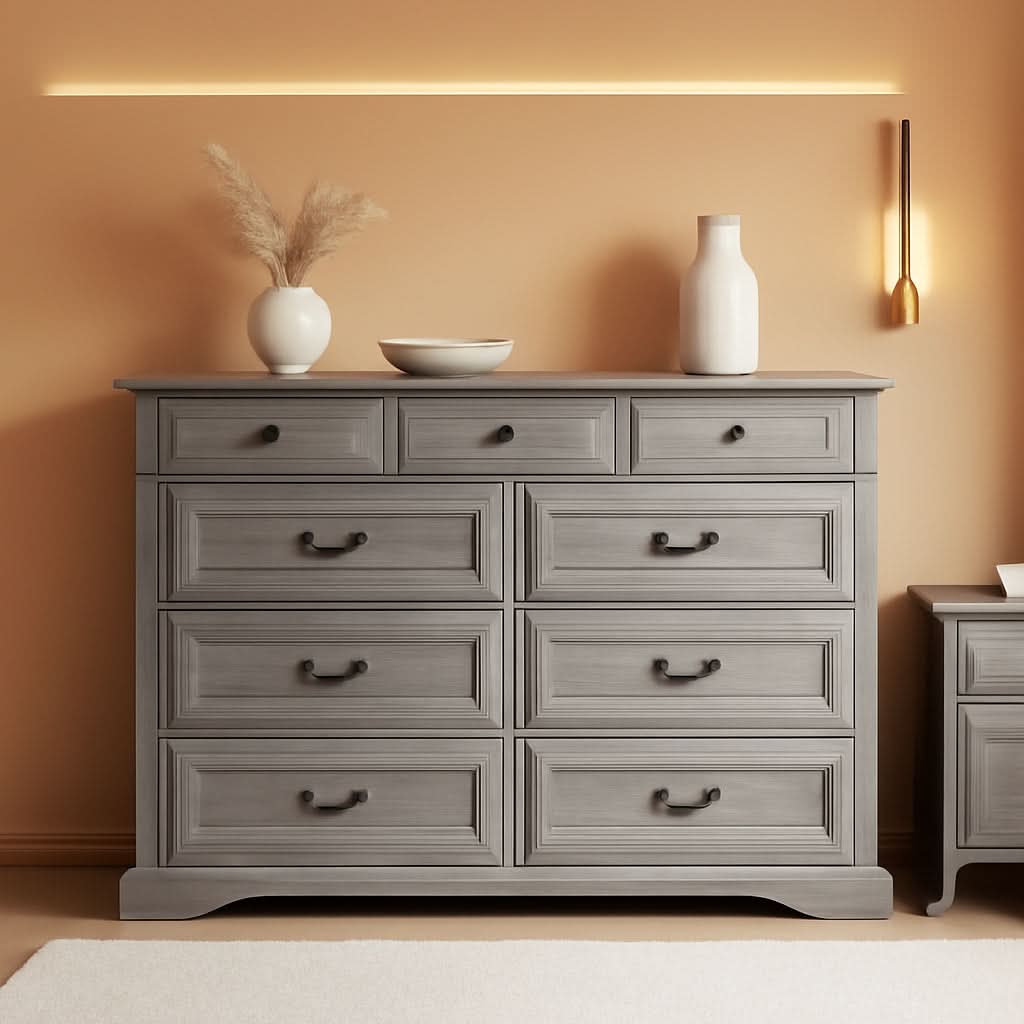 Grey 9-Drawer SolidWood Dresser For Bedroom Storage