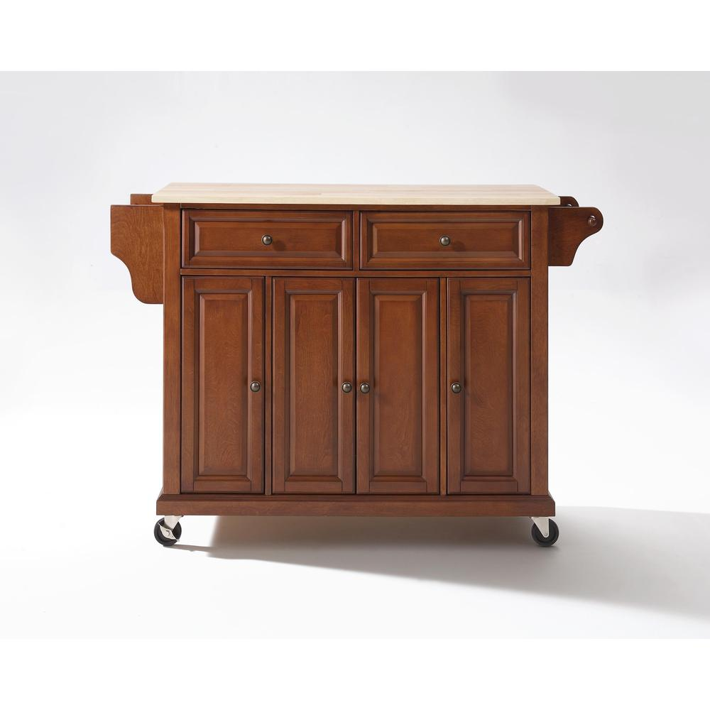 Full size wood top kitchen cart with storage shelves and wheels, made by Start2Finish, ideal for kitchen organization and mobility.