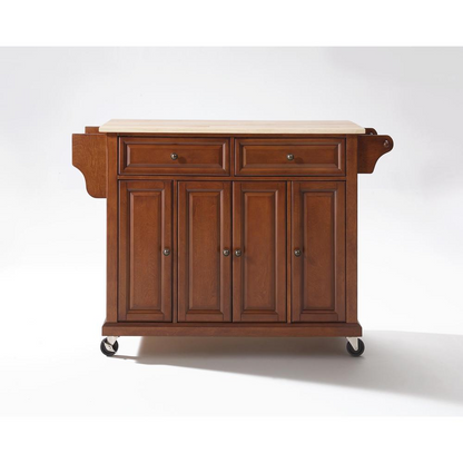 Full size wood top kitchen cart with storage shelves and wheels, made by Start2Finish, ideal for kitchen organization and mobility.