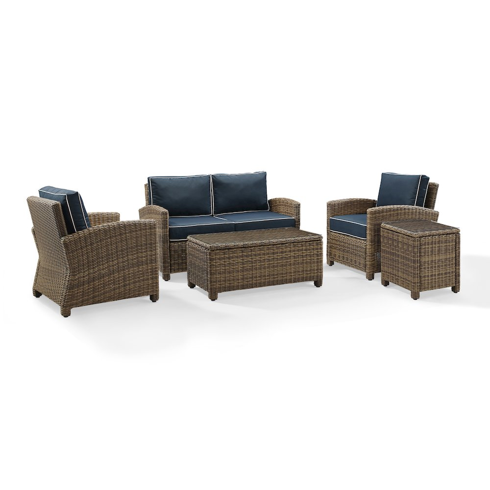 Start2Finish 5-piece outdoor loveseat furniture set with two armchairs, side table, and coffee table on a patio.