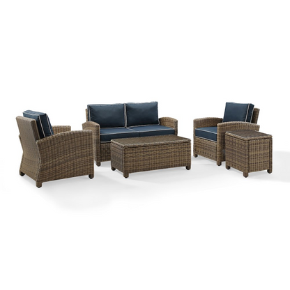 Start2Finish 5-piece outdoor loveseat furniture set with two armchairs, side table, and coffee table on a patio.