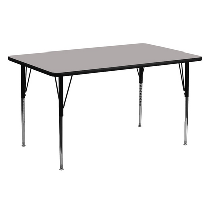 Grey HP activity table by Start2Finish featuring 24-inch width, 60-inch length, standard height, and adjustable legs for versatile use.