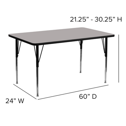Grey HP activity table by Start2Finish, 24-inch wide and 60-inch long with adjustable standard height legs, shown in a classroom setting.