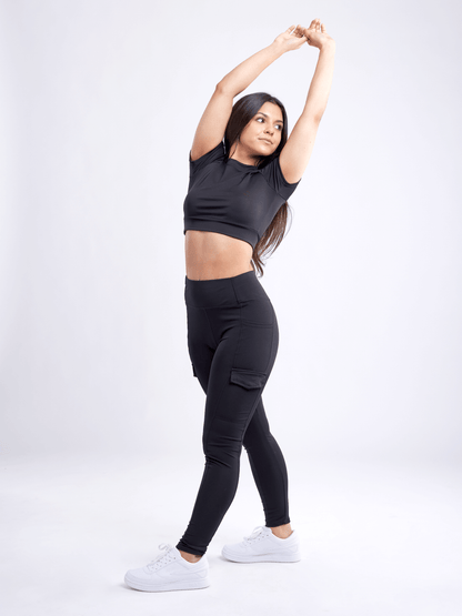 Black Lavender JupiterGear short-sleeve crop top for activewear, shown in black fabric with a fitted, sporty design.