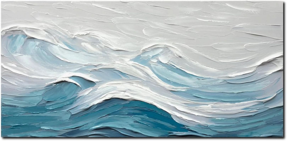 Blue White Ocean Abstract Canvas Artwork 20x40 Inches