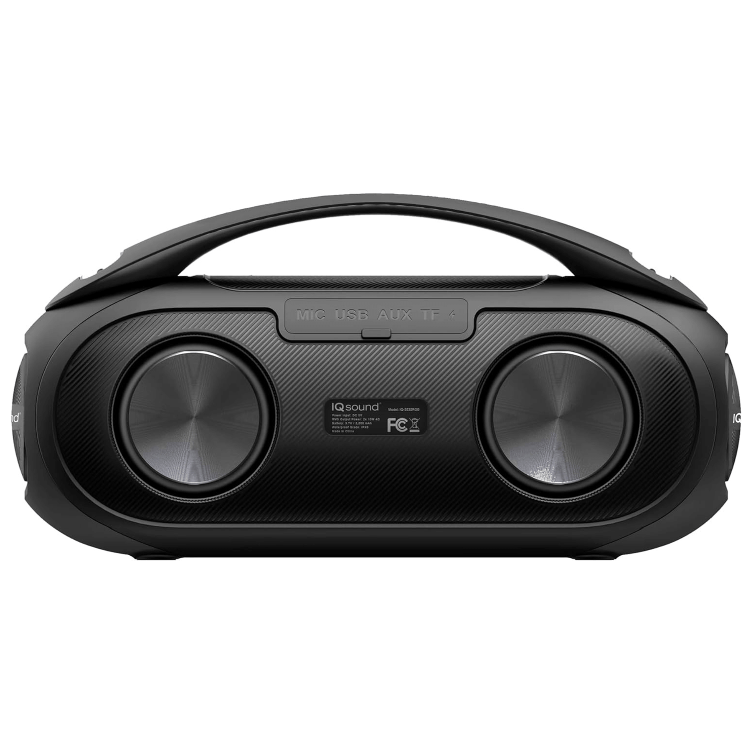 Sky Iapetus Supersonic portable Bluetooth speaker with water resistance and RGB light panel, shown with colorful lighting effects.
