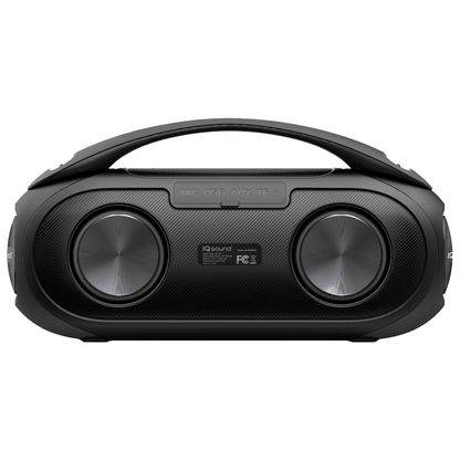 Sky Iapetus Supersonic portable Bluetooth speaker with water resistance and RGB light panel, shown with colorful lighting effects.