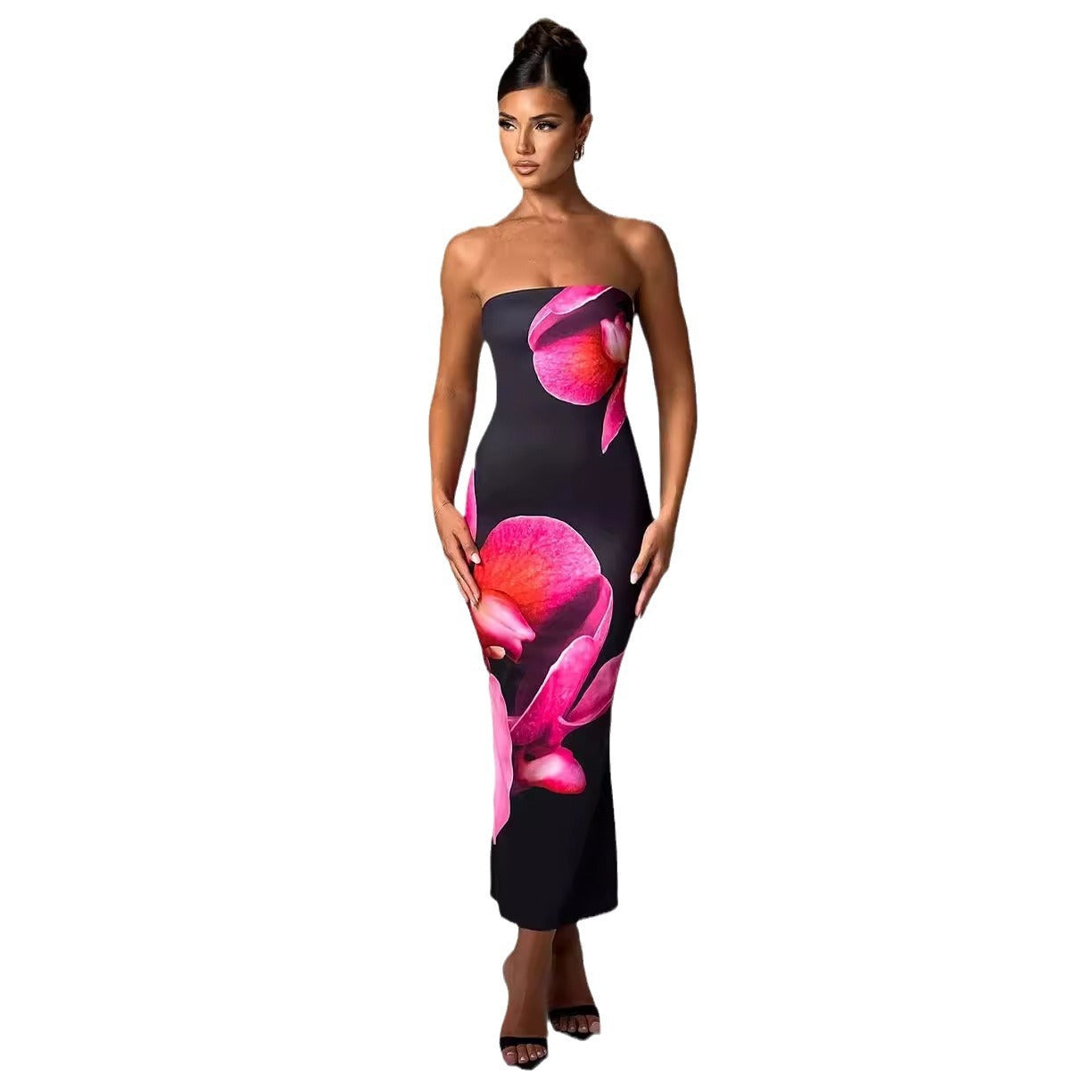 Carmine Juneberry 25th Edition backless floral draped tube maxi dress featuring elegant floral pattern and flowing fabric.