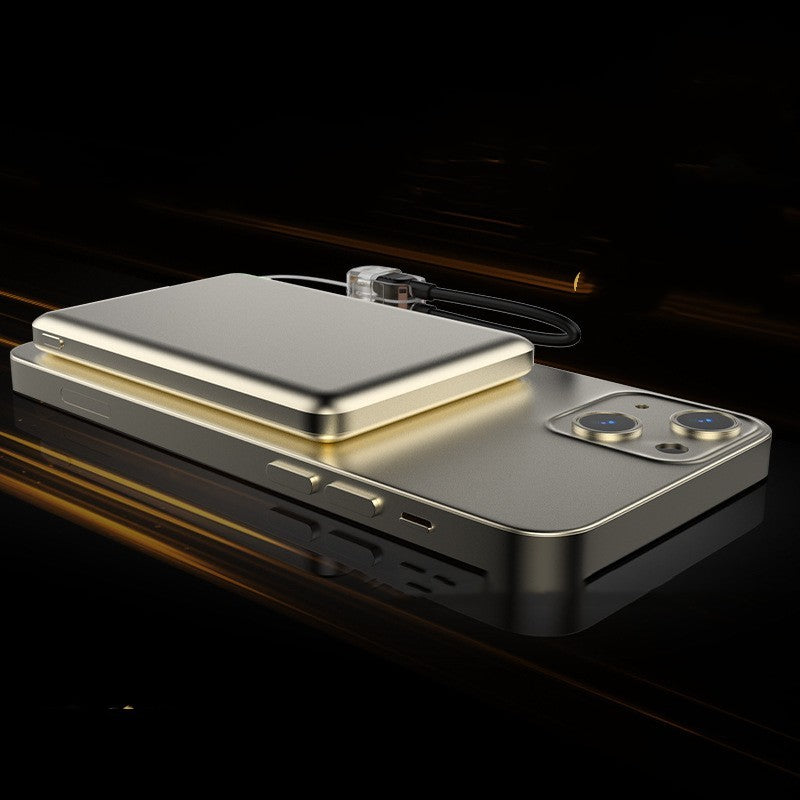 Gold Penelope magnetic wireless power bank with 5000mAh capacity, sleek alloy shell, portable tech accessory for charging devices