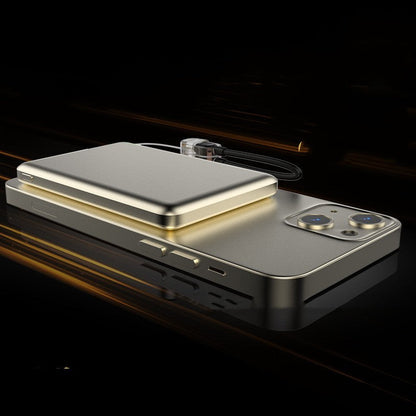 Gold Penelope magnetic wireless power bank with 5000mAh capacity, sleek alloy shell, portable tech accessory for charging devices