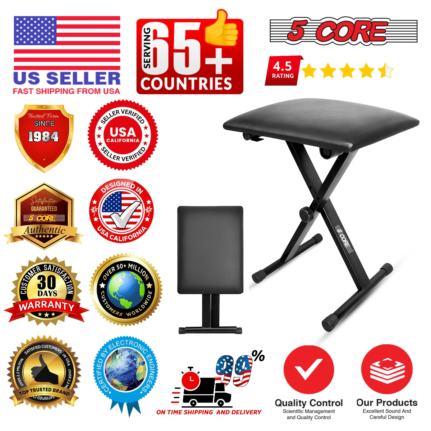 Start2Finish 5 Core keyboard bench with 2-inch padded cushion, adjustable height, portable piano or guitar seat, black metal frame.