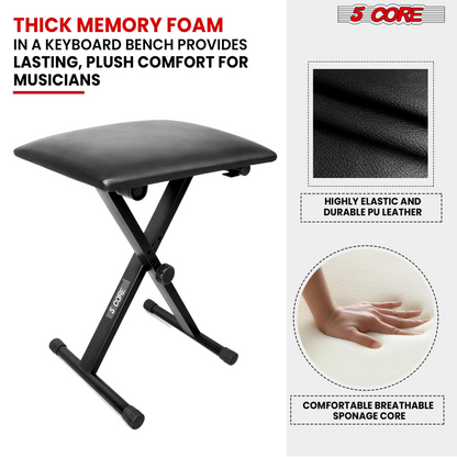 Start2Finish 5 Core keyboard bench with padded cushion, adjustable height, and portable design for piano or guitar seating.